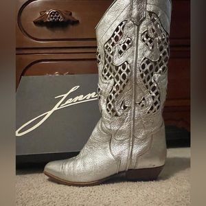 Jenni Genuine Italian Leather Metallic Silver Cowboy Boot Size 6/36